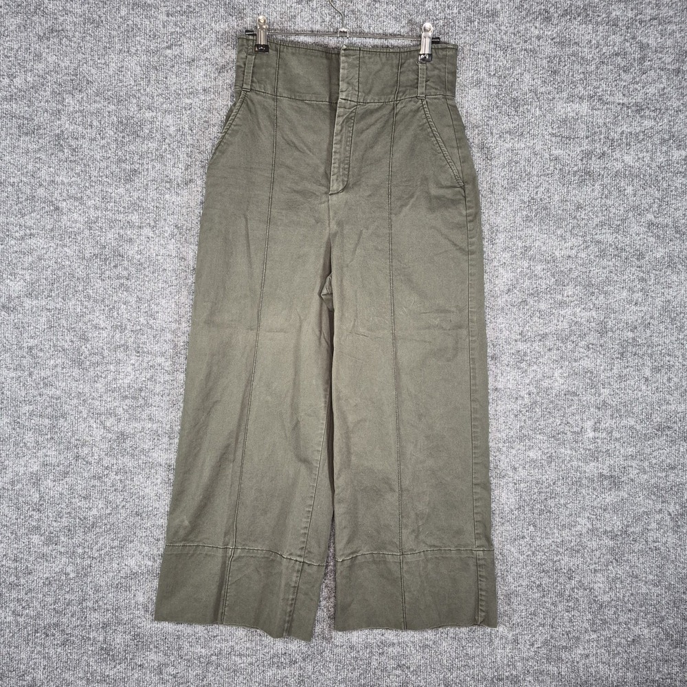 Massimo Dutti Trousers Womens Size 4 Olive Green Wide Leg Cropped